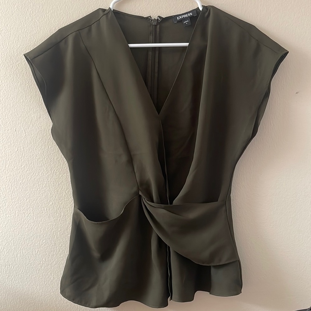 Express Olive Green Twist Front Short Sleeve Sating Top - Size S - Zipper Back-